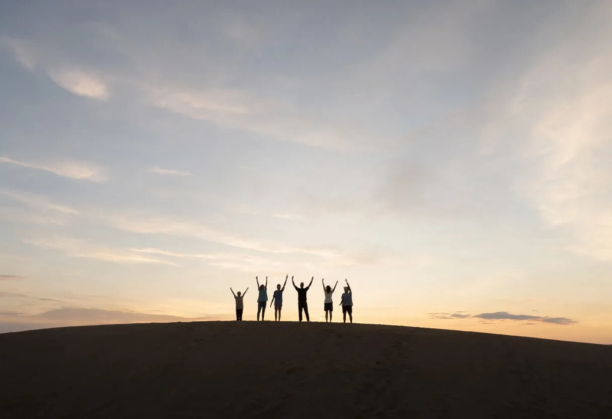 Silhouettes of friends celebrating on a sand dune at sunset