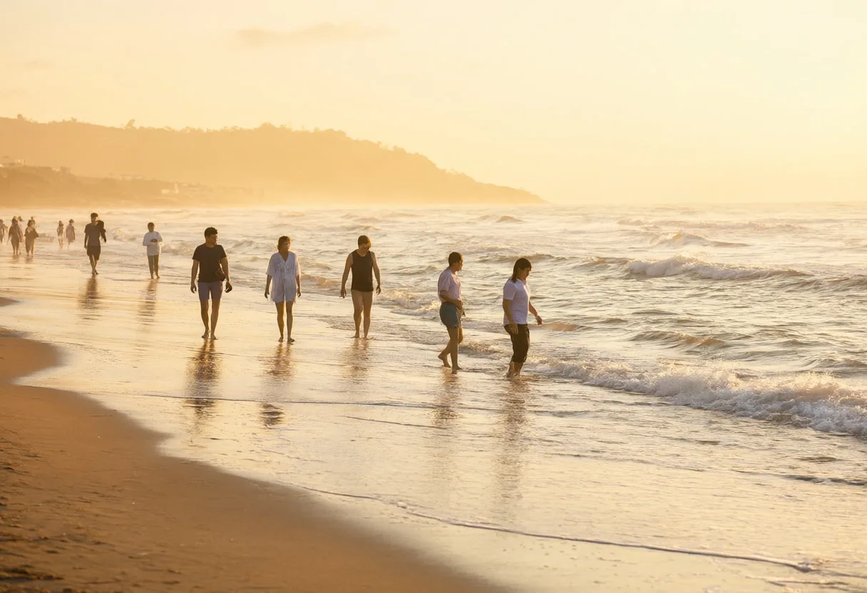 People walking along a beach in warm golden sunset light