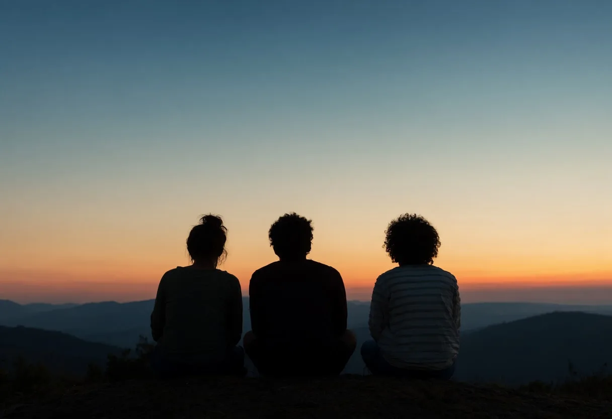 Three friends silhouetted against a colorful twilight sky on a hilltop