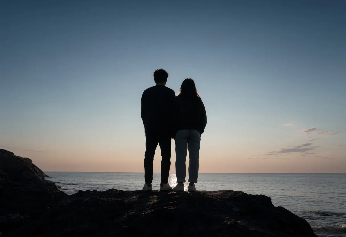 Two friends standing on coastal rocks as silhouettes at twilight