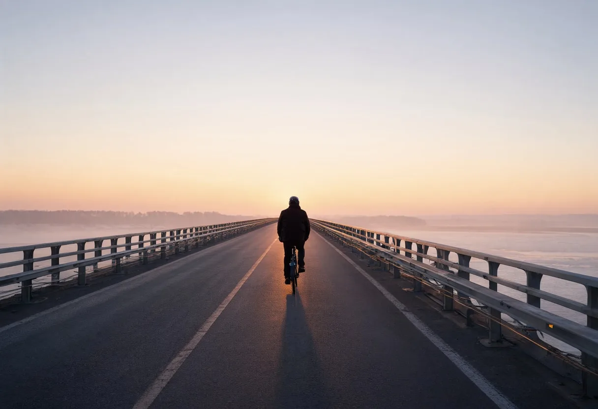 Cyclist Crossing a Bridge at Dawn