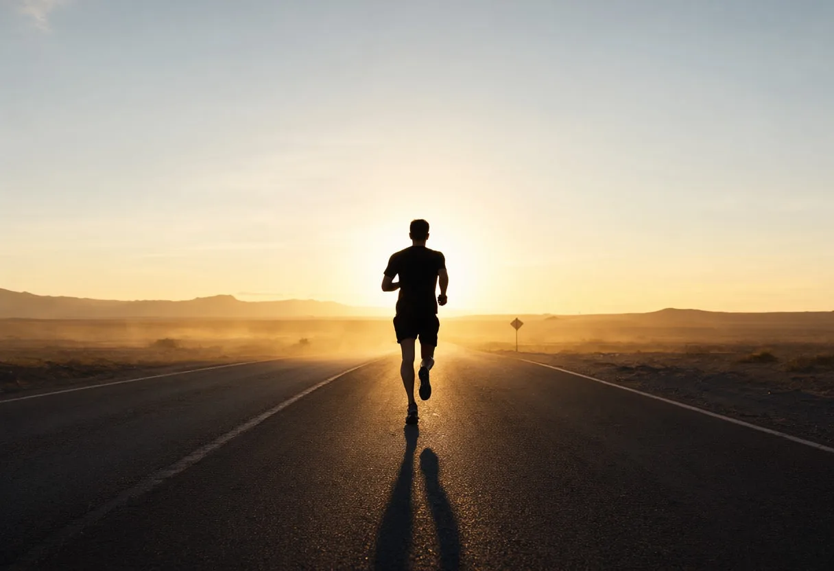 Runner on a Desert Road at Sunset