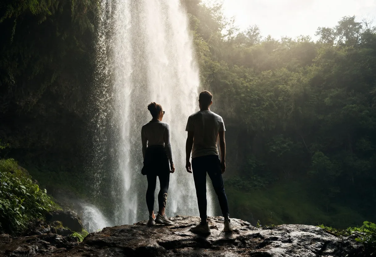 Two Friends at a Waterfall Viewpoint