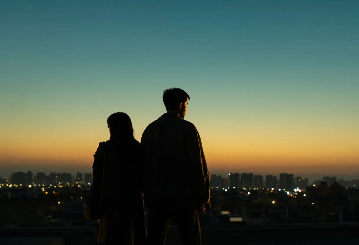 Two People on a Rooftop Overlooking the City