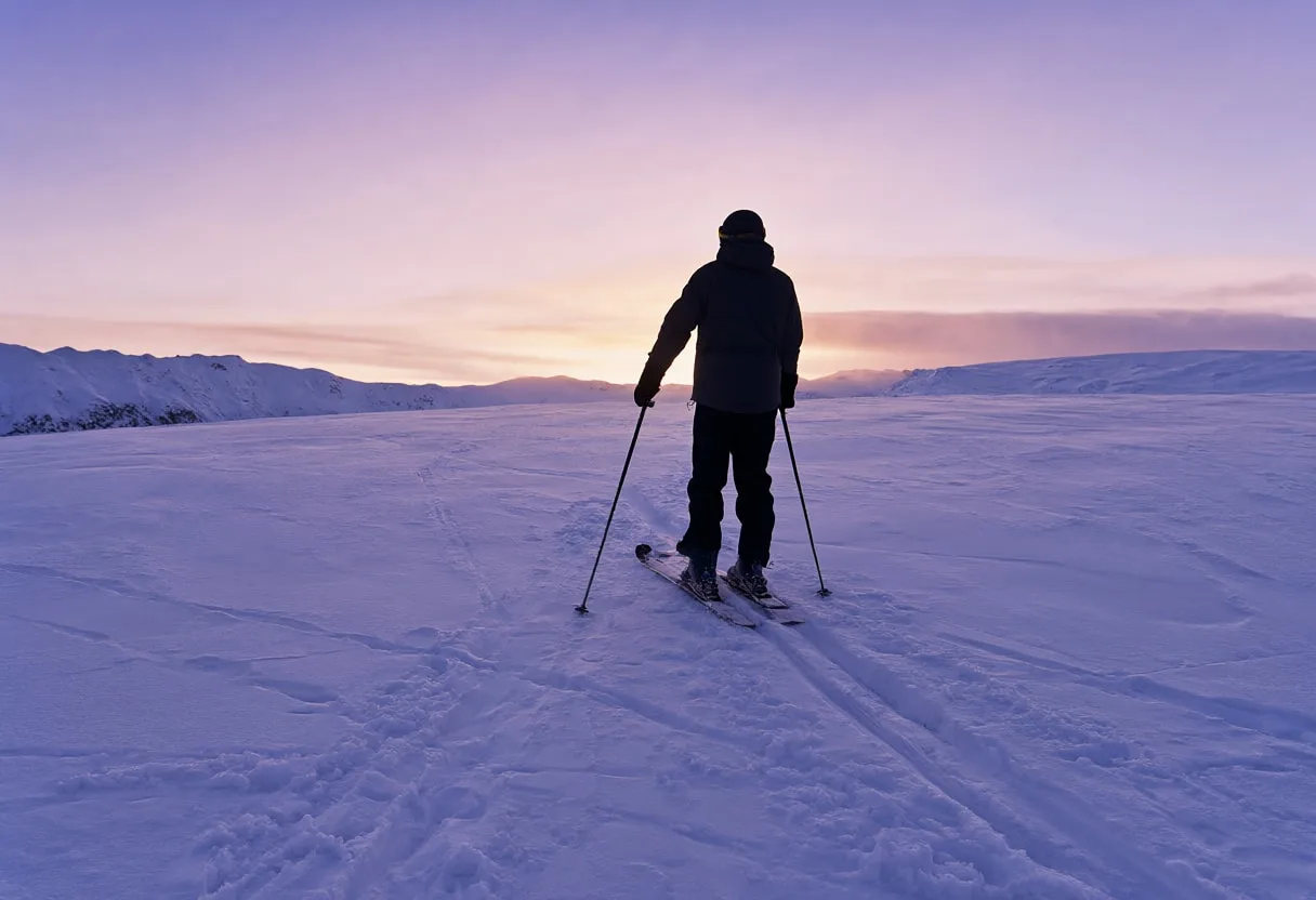 Skier Pausing on a Slope at Dusk