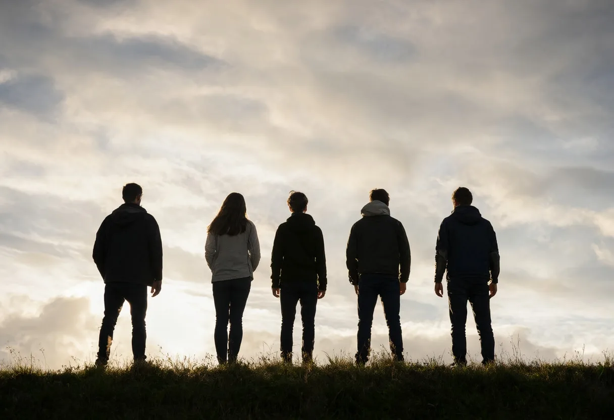 Group of Five on a Hilltop Watching Clouds