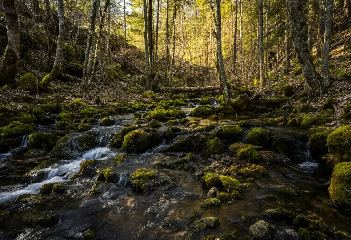 ลำธาร Mossy Forest ในชั่วโมงทอง