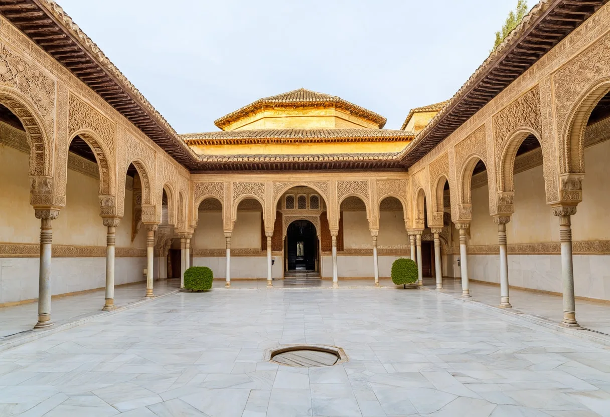 Granada Alhambra Courtyard เมื่อพระอาทิตย์ขึ้น
