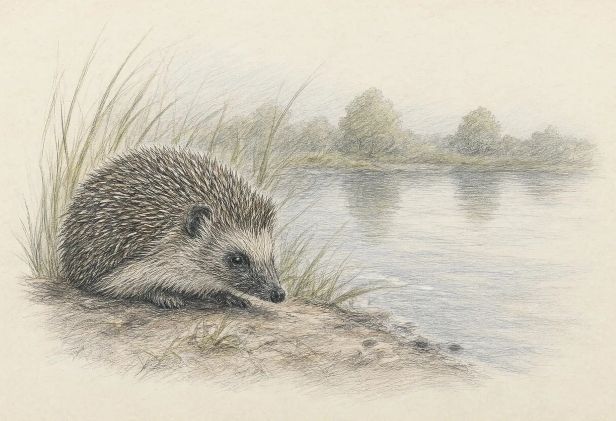 Hedgehog beside calm water Pencil Sketch