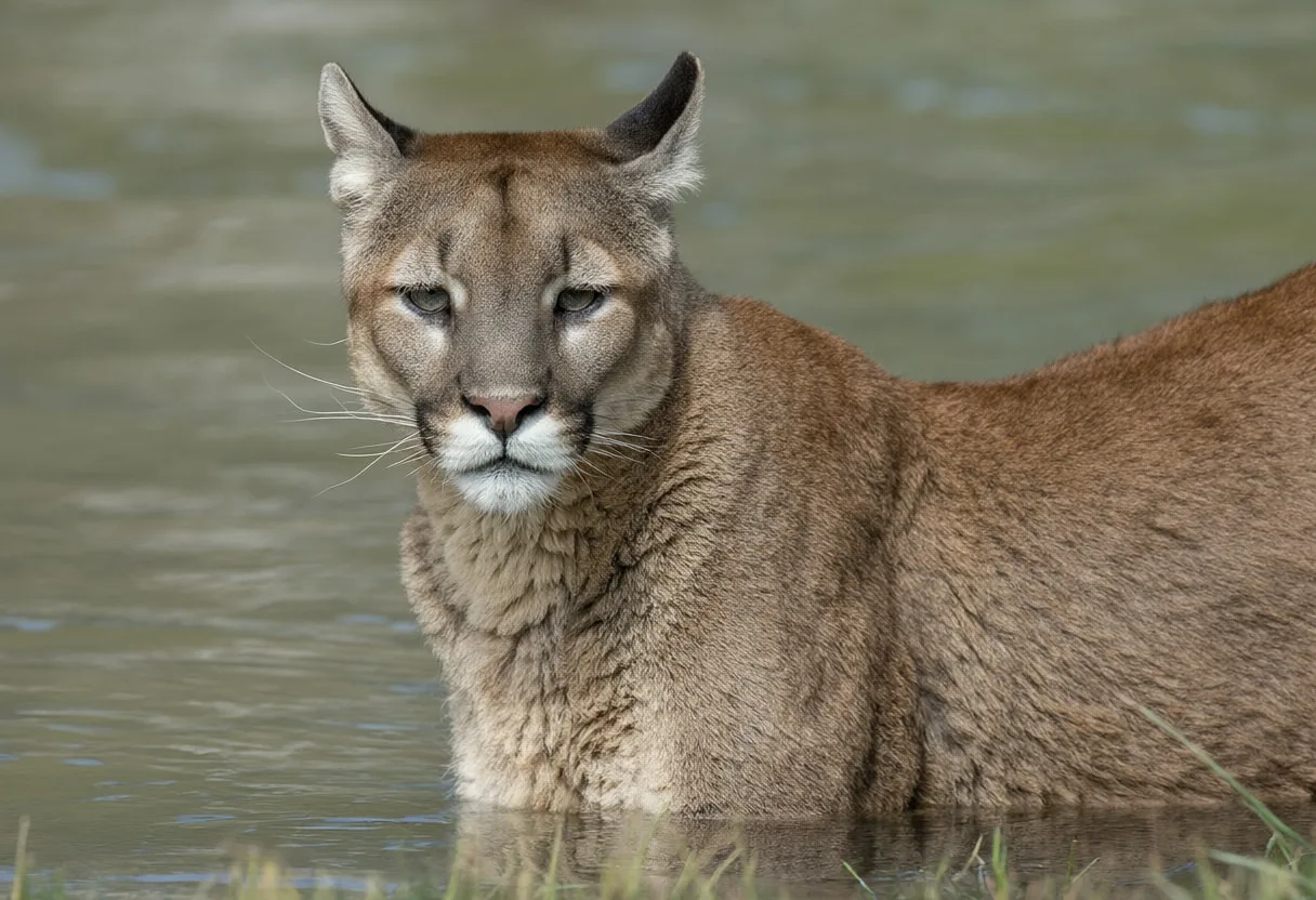 Puma beside calm water