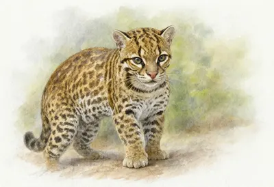 Ocelot against a soft blurred background Watercolour