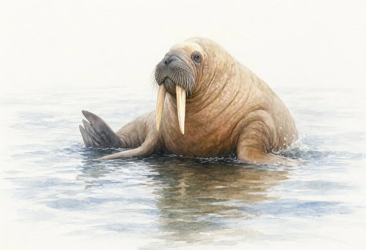 Walrus beside calm water Watercolour