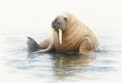 Walrus beside calm water Watercolour