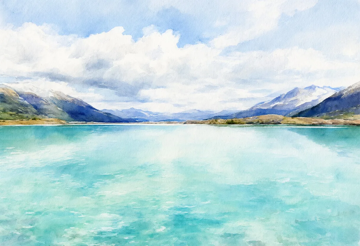 Turquoise Glacial Lake under a dramatic sky Watercolour