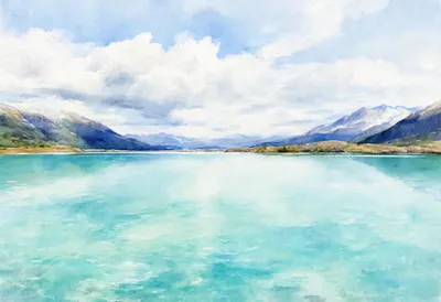 Turquoise Glacial Lake under a dramatic sky Watercolour