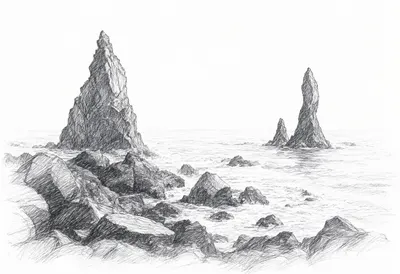 Basalt Sea Stacks at dawn Pencil Sketch