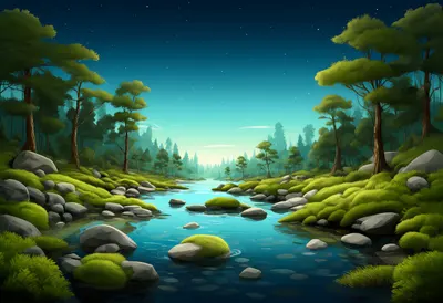 Mossy Forest Stream under a starry sky Digital Illustration