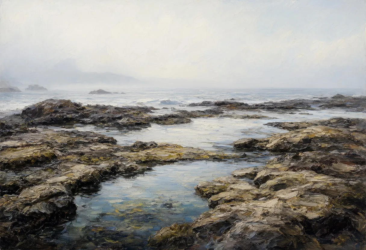 Tide Pools On A Rocky Shore in soft mist Oil Painting