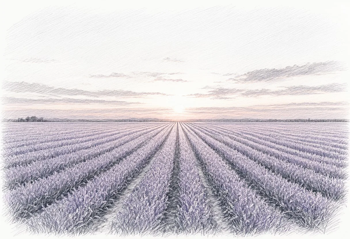 Lavender Rows At Sunset Pencil Sketch