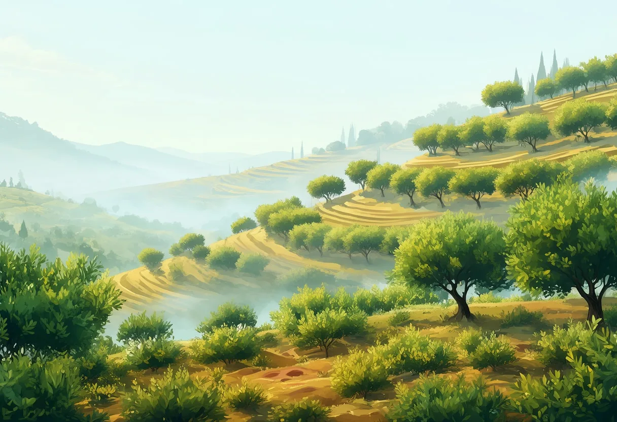 Olive Grove On Terraces in soft mist Digital Illustration
