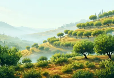 Olive Grove On Terraces in soft mist Digital Illustration