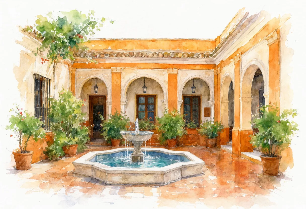 Seville Orange Courtyard in the rain Watercolour