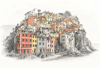 Cinque Terre Village in warm evening light Pencil Sketch