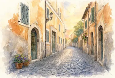 Rome Cobbled Lane at sunrise Watercolour