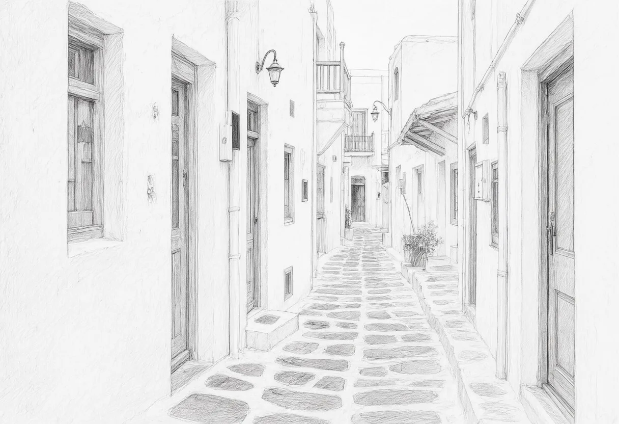 Mykonos White Alley in the rain Pencil Sketch