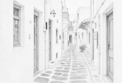 Mykonos White Alley in the rain Pencil Sketch