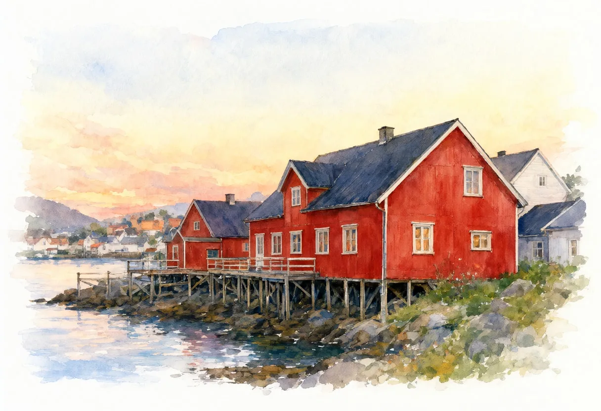 Lofoten Red Cabins in warm evening light Watercolour