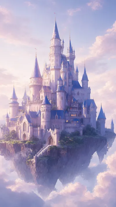 ปราสาทแฟนตาซีบนเกาะลอยน้ำในพาเลทสีอ่อน