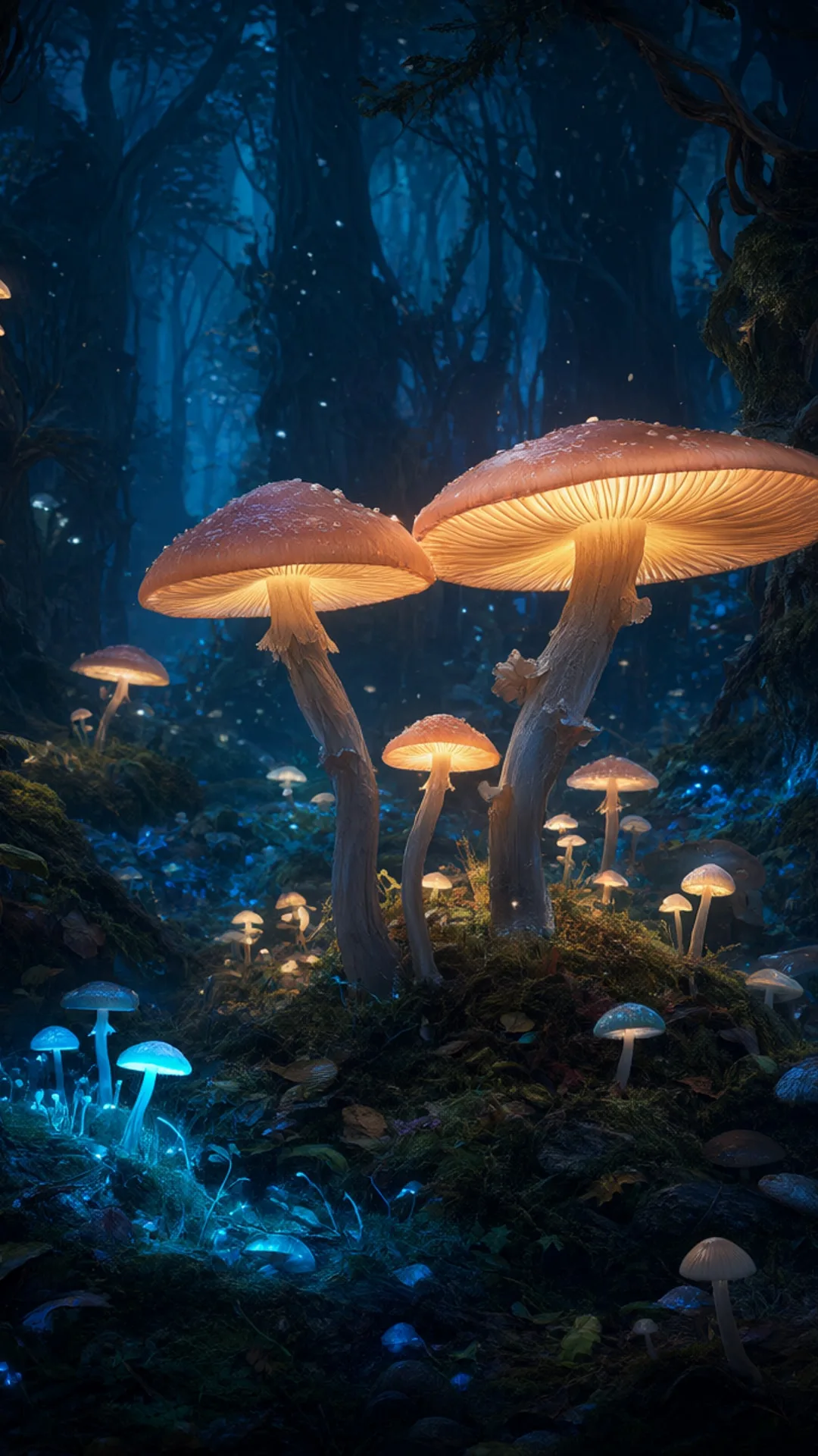 Fantasy Forest With Glowing Mushrooms ในพาเลทท์สีเข้ม