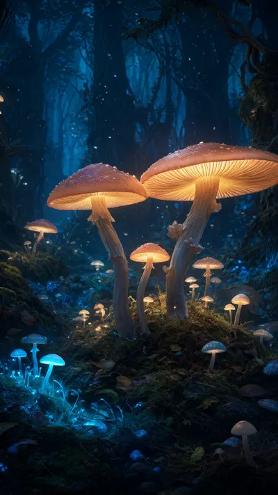 Fantasy Forest With Glowing Mushrooms in a deep palette