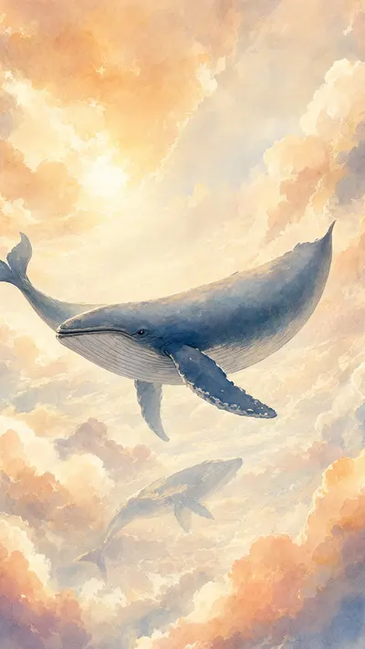Fantasy Sky Whale Among Clouds in a warm palette