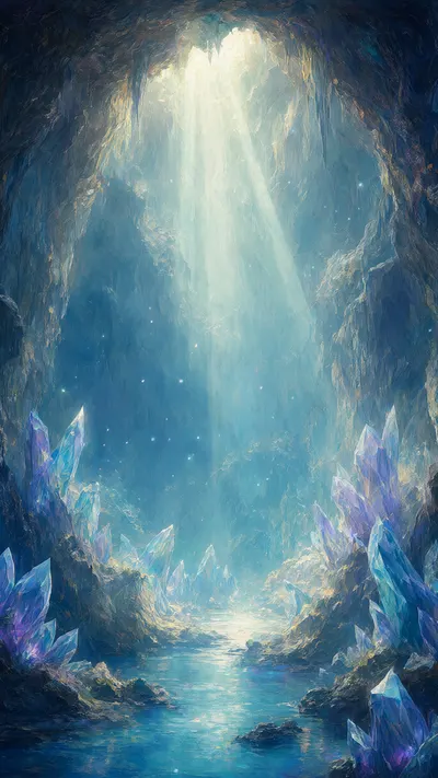 Fantasy Crystal Cave With Light Beams in a cool palette