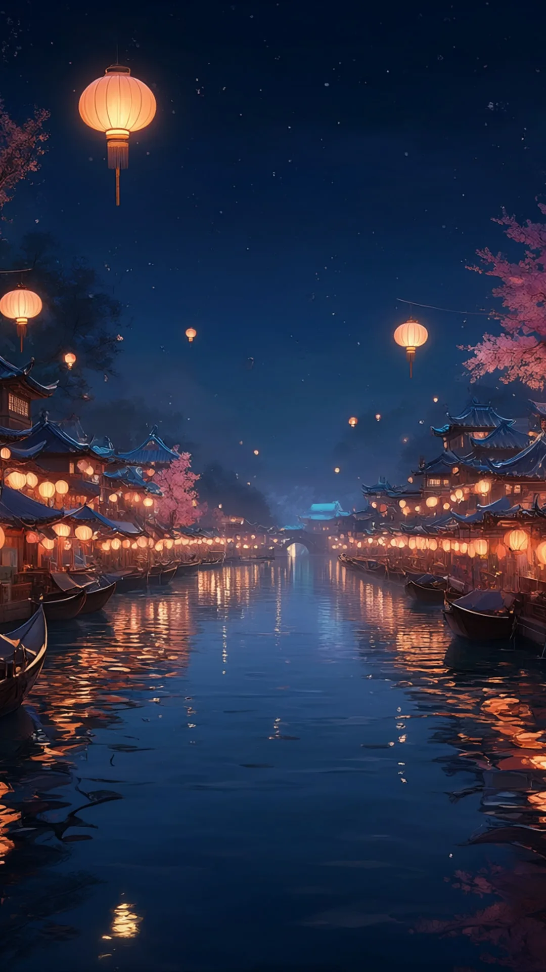 Fantasy Lantern River At Night