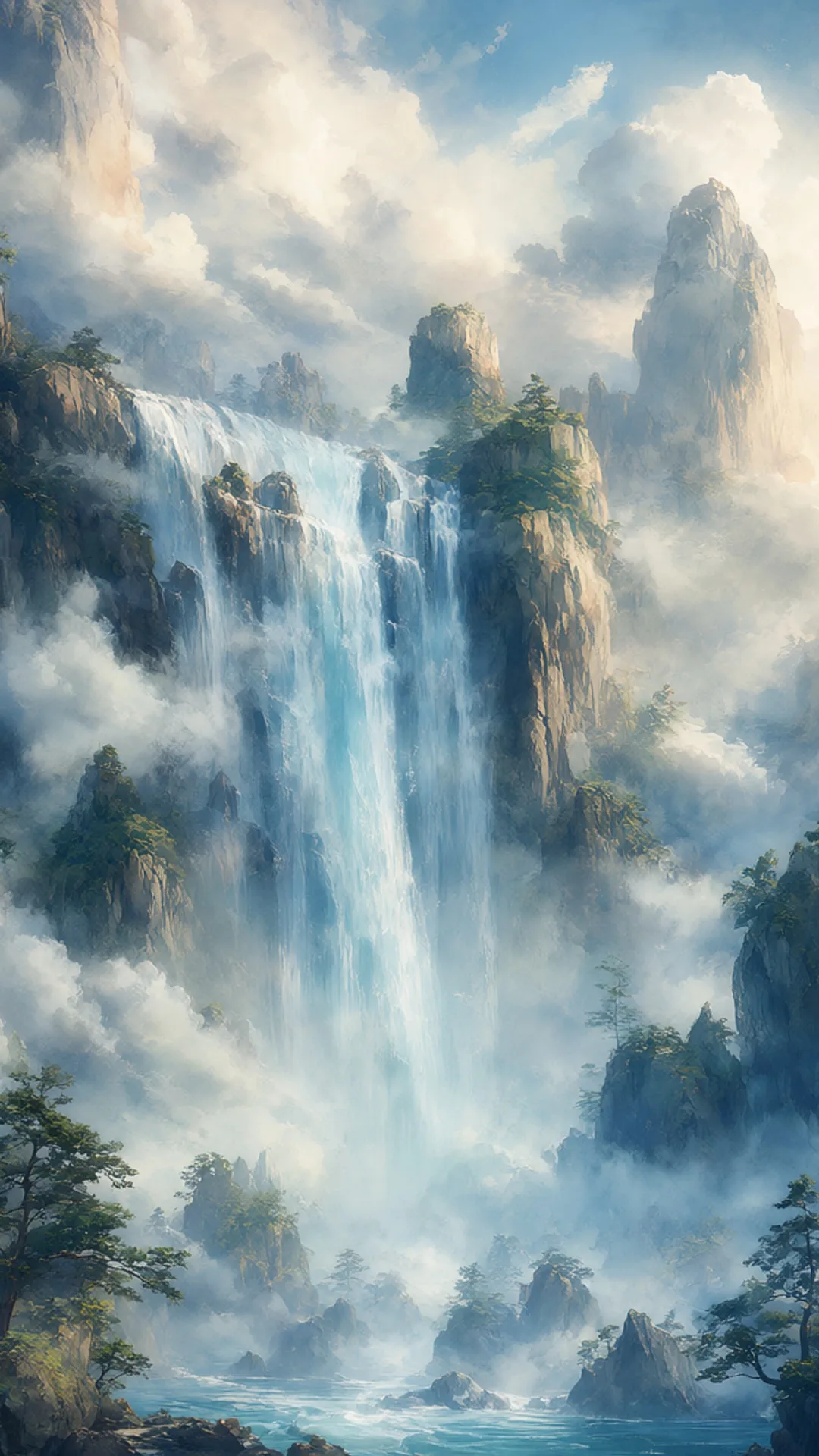 Fantasy Waterfall Into Clouds in watercolour