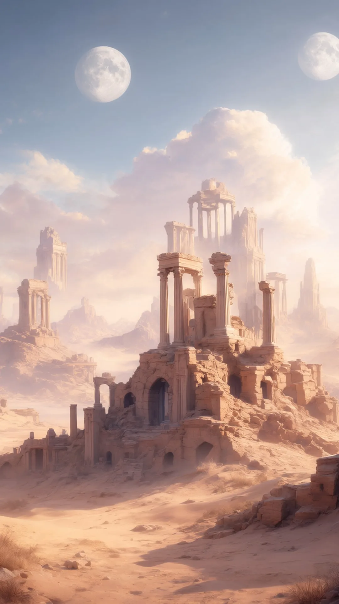 Fantasy Desert Ruins Under Two Moons ในพาเลตต์สีอ่อน