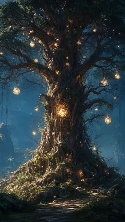 Fantasy Giant Tree With Glowing Orbs in a deep palette