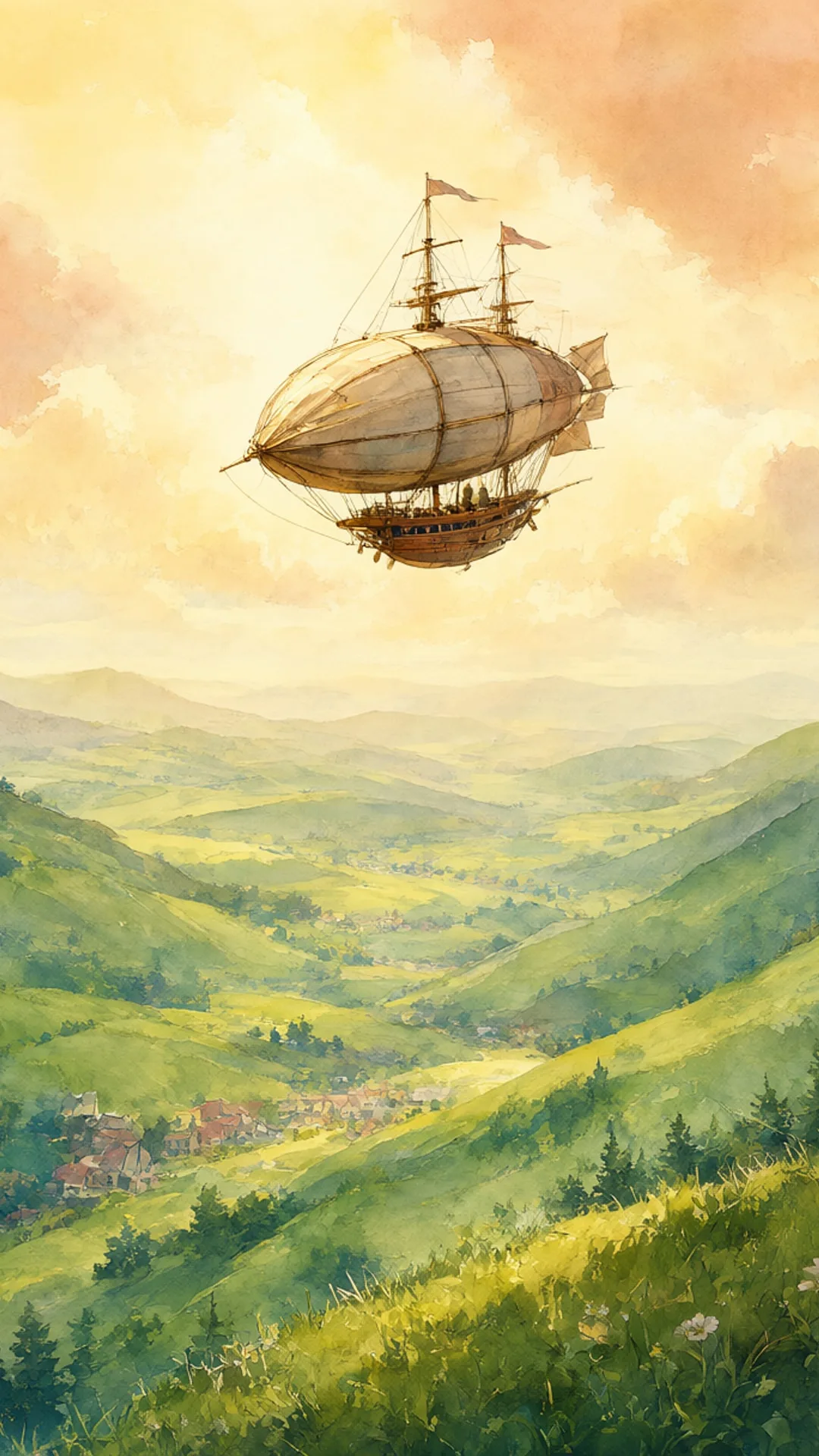 Fantasy Airship Above Green Valleys in a warm palette