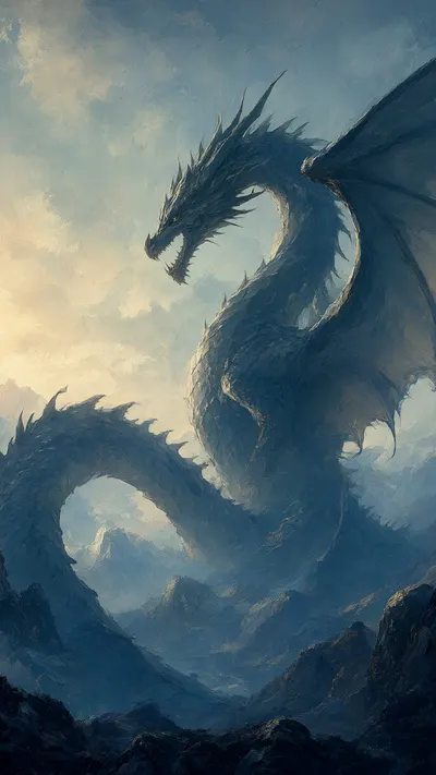 Fantasy Dragon Silhouette Over Mountains in a cool palette
