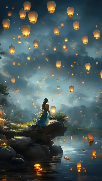 Fantasy Floating Lanterns Over Water in an oil painting style