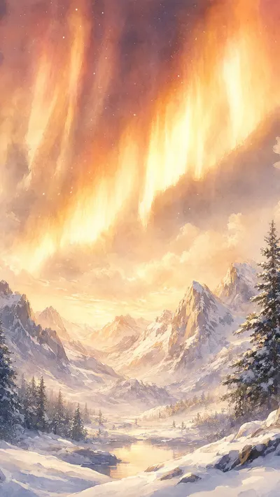Fantasy Aurora Over Snowy Peaks in a warm palette