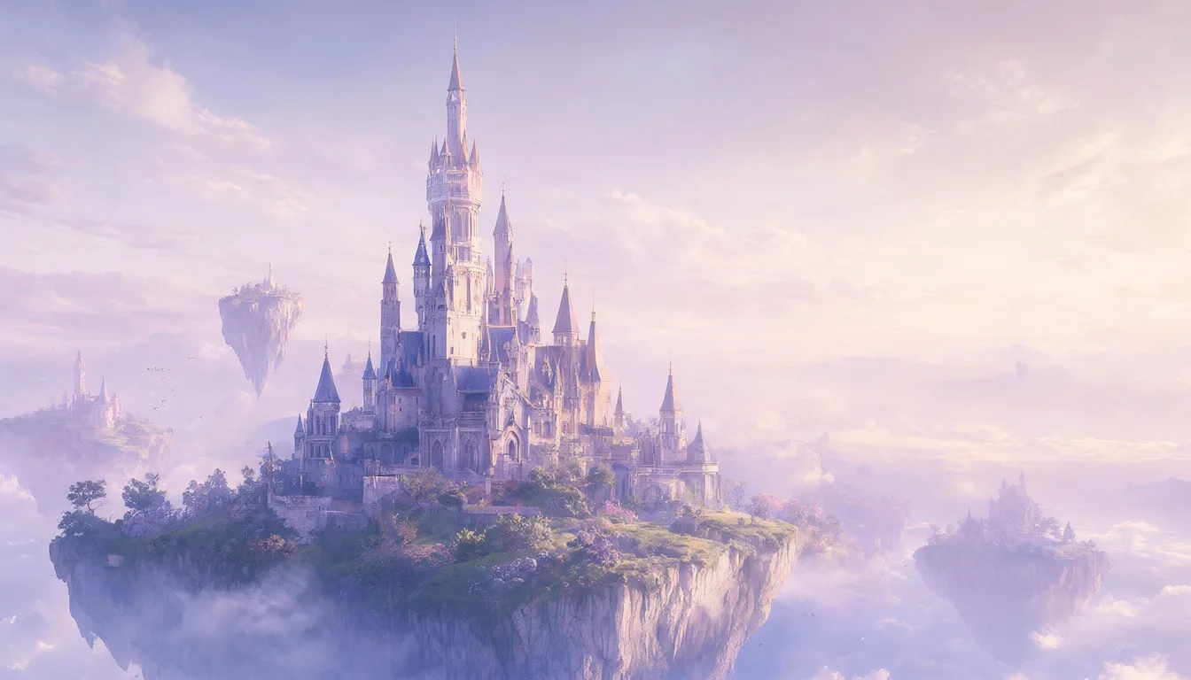 ปราสาทแฟนตาซีบนเกาะลอยน้ำในพาเลทสีอ่อน