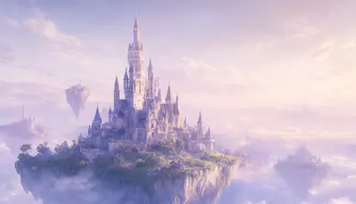 ปราสาทแฟนตาซีบนเกาะลอยน้ำในพาเลทสีอ่อน