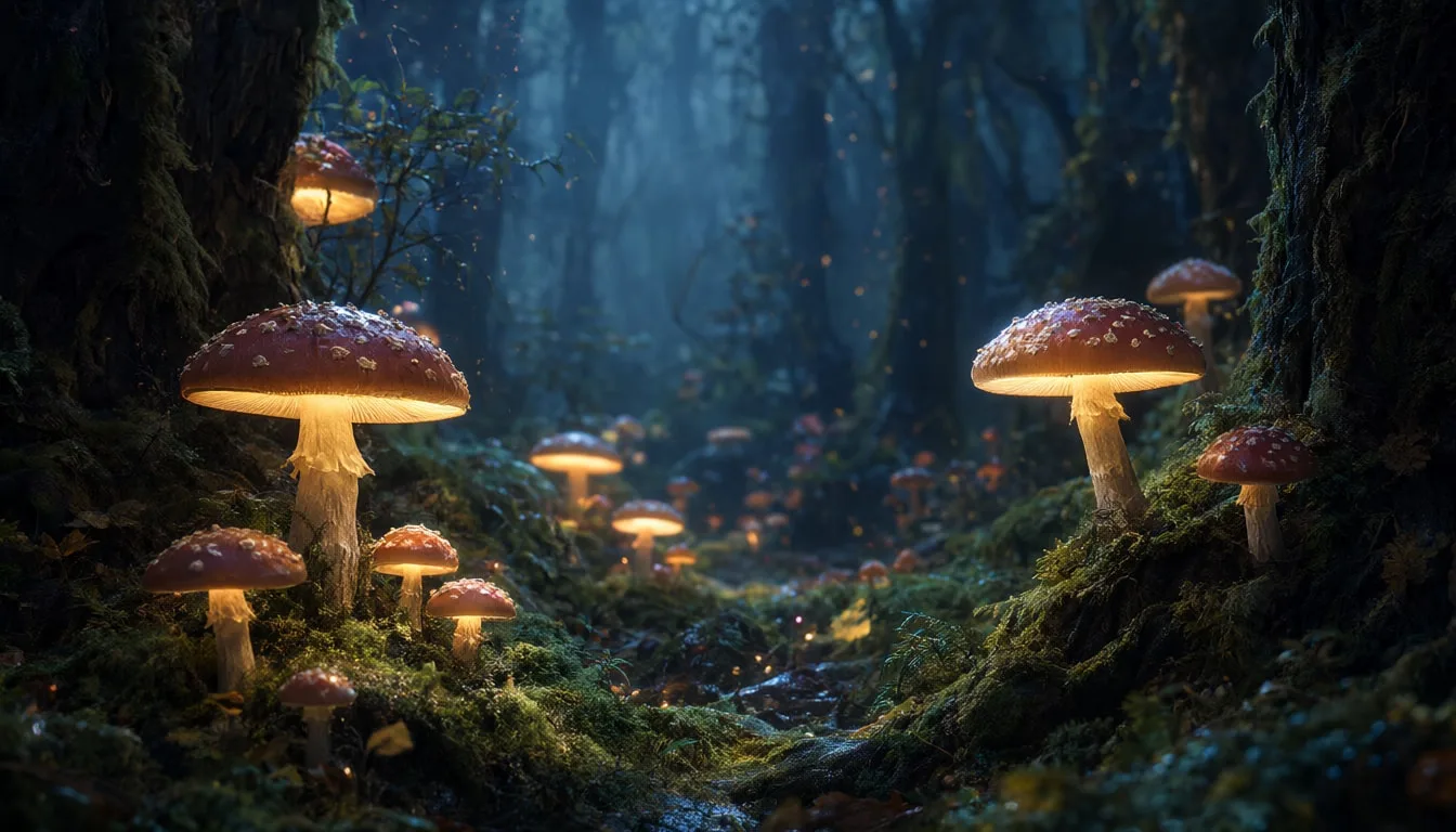 Fantasy Forest With Glowing Mushrooms ในพาเลทท์สีเข้ม