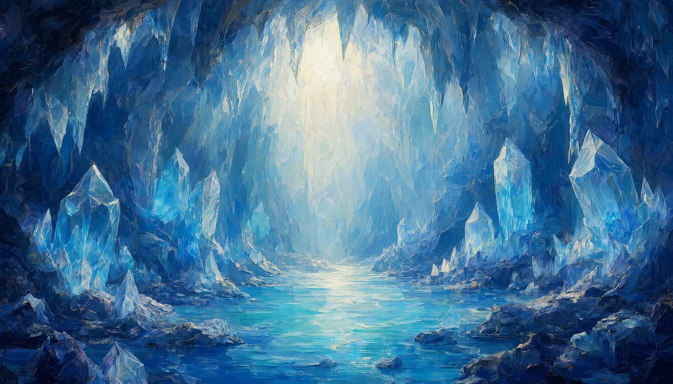 Fantasy Crystal Cave With Light Beams in a cool palette