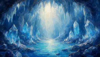 Fantasy Crystal Cave With Light Beams in a cool palette