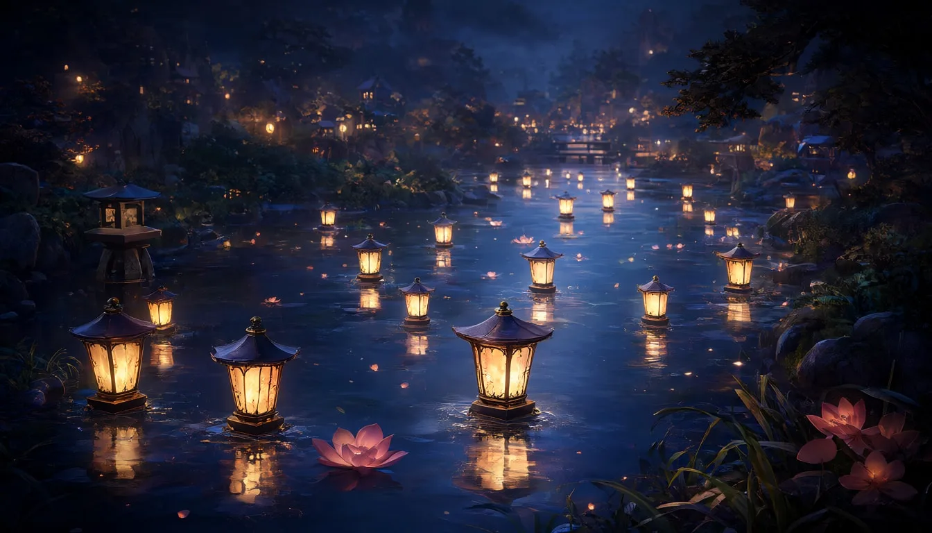Fantasy Lantern River At Night
